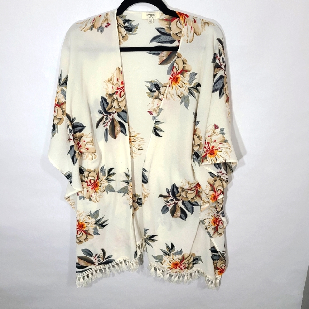 Umgee Women's Size S/M Floral Print Bell Sleeve Open Front Kimona Style Duster